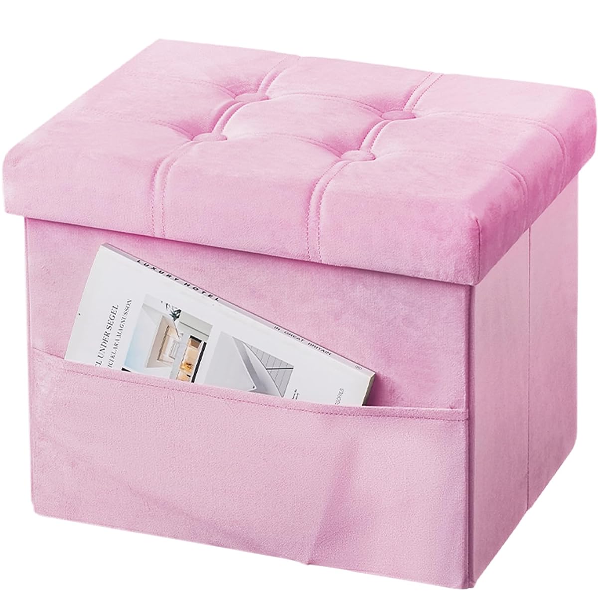 Storage Ottoman Foot Stool, 17 inches Folding Ottoman with Storages, Velvet Storage Bench with Side Pocket, Foot Rest for Living Room, Bedroom (Pink)