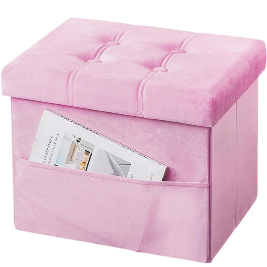 Storage Ottoman Foot Stool, 17 inches Folding Ottoman with Storages, Velvet Storage Bench with Side Pocket, Foot Rest for Living Room, Bedroom (Pink)