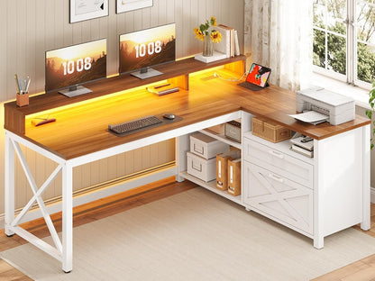 Farmhouse L Shaped Desk, 55" Home Office Desk with Drawers and Storage Shelves, L Shaped Gaming Desk with LED Lights, Power Outlet and Monitor Shelf, Brown