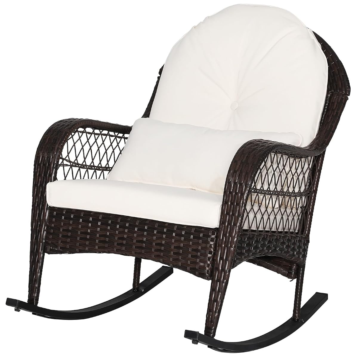 Outdoor Wicker Rocking Chair, Patio Rattan Rocker w/Lumbar Pillow, Padded Seat & Back Cushions, Metal Frame, Mix Brown Wicker Furniture for Balcony, Porch, Deck, Backyard (Off White)