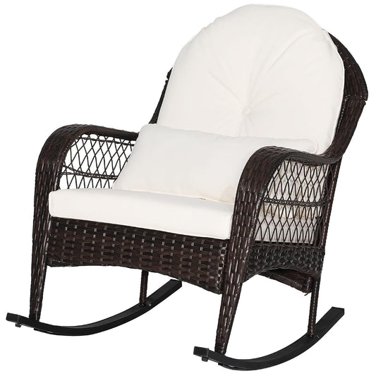 Off white wicker rocking chair with cushions and lumbar pillow