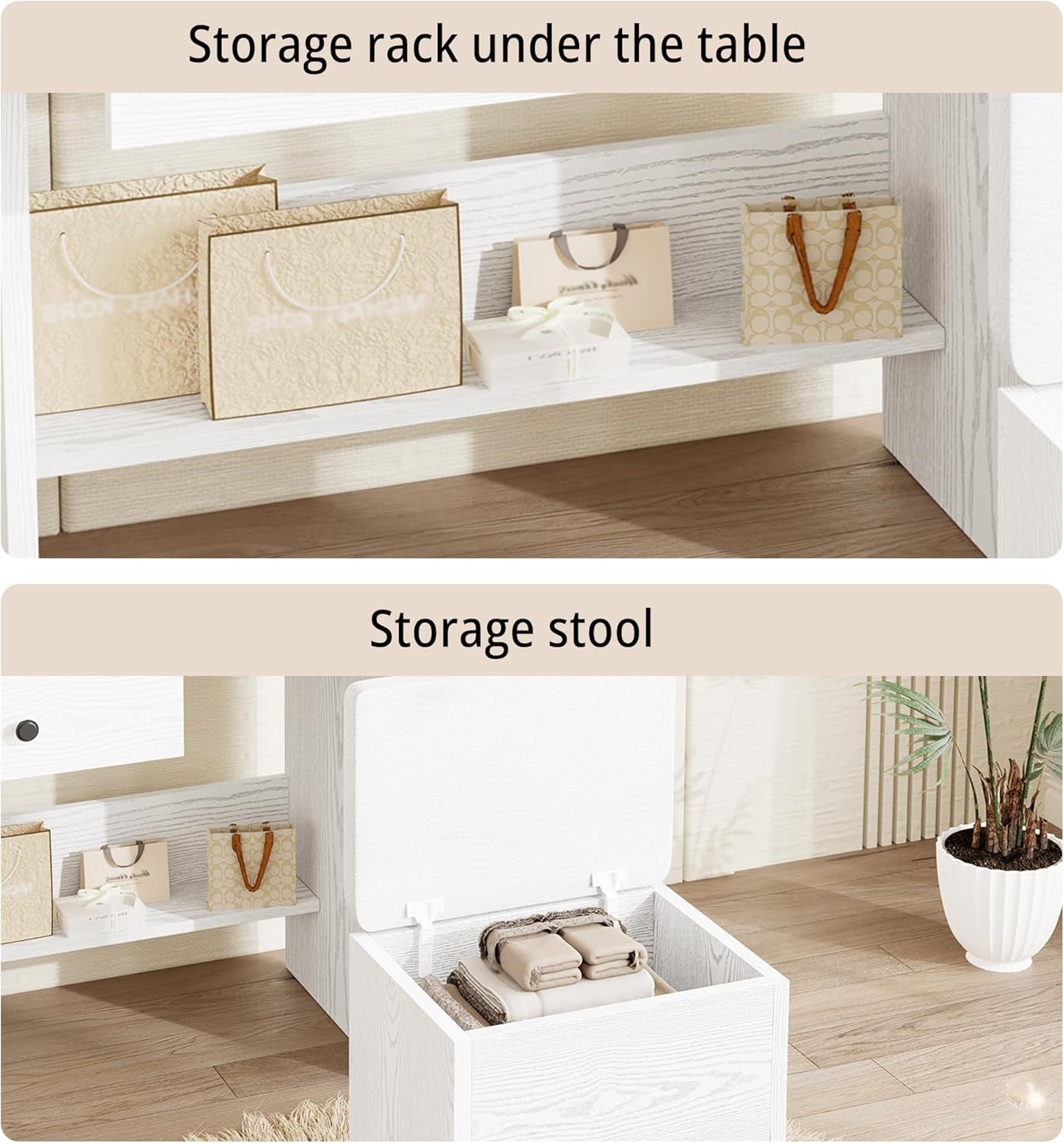 Vanity Desk with Mirror and LED Lights, Jewelry Cabinet, Makeup Dressing Table Set with Drawers, Storage Shelves, for Bedroom, 65.3 H White