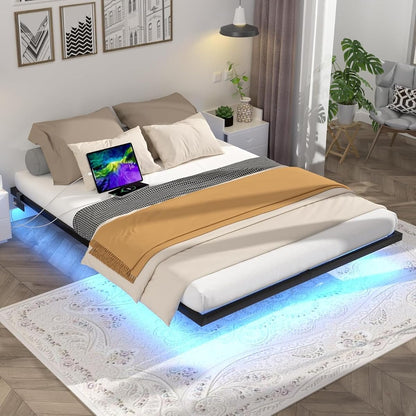 Floating Bed Frame King Size with LED Lights and Charging Station