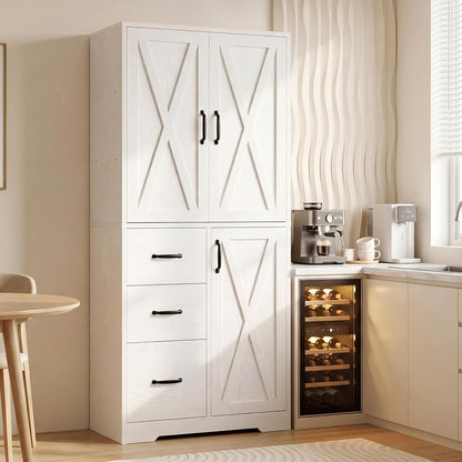 Pantry Cabinet, 67.5 inch Tall Storage Cabinet with 3 Doors & Drawers, Farmhouse Kitchen Cabinet with Adjustable Shelves, 5 Tier Freestanding Cupboard for Kitchen, White