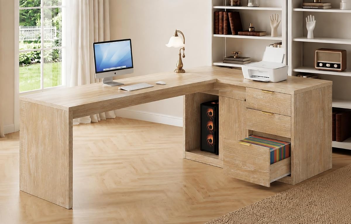 78.7" L-Shaped Executive Desk with Drawers and File Cabinet Farmhouse Large