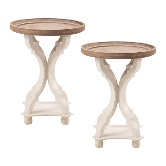 Set of 2 Rustic Farmhouse Cottagecore Accent End Table, Natural Tray Top Side Table Nightstand for Family, Dinning or Living Room, Handcrafted Finish, Modern, White (2 Pack)