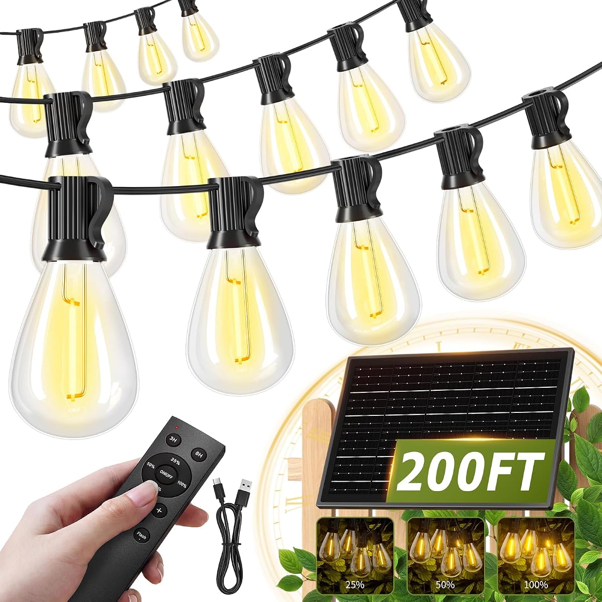 200FT Solar String Lights Outdoor Waterproof 72+2 LED Bulbs