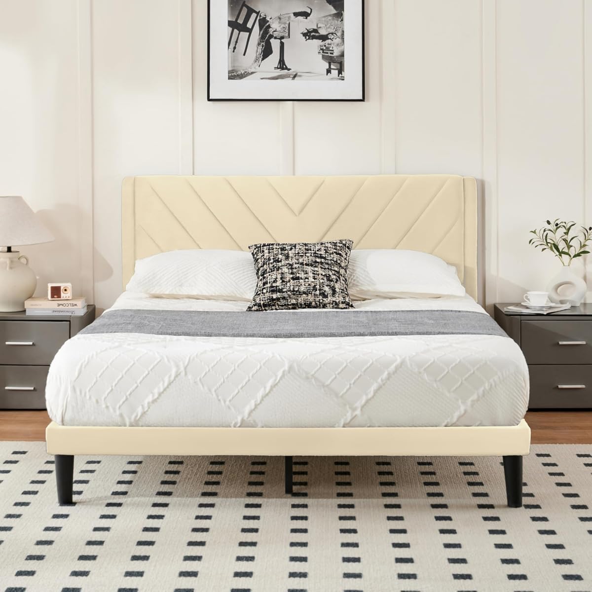 Queen Size Platform Bed Frame with Velvet Headboard, Wing Edge