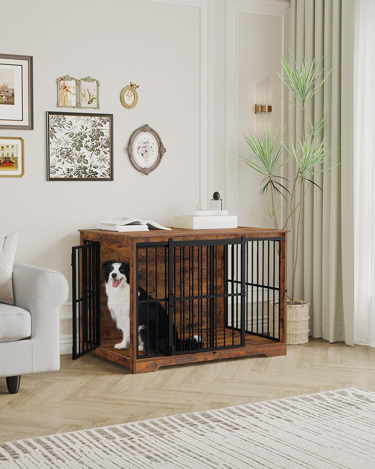 XL Large Dog Crate Furniture, 44.1" Indoor Dog Kennel Furniture with Barn Door, Wooden Tall Dog Crate, Heavy Duty Dog Cage for Large Dogs, Side End Table, Anti-Chew, Rustic Brown DFC80101B