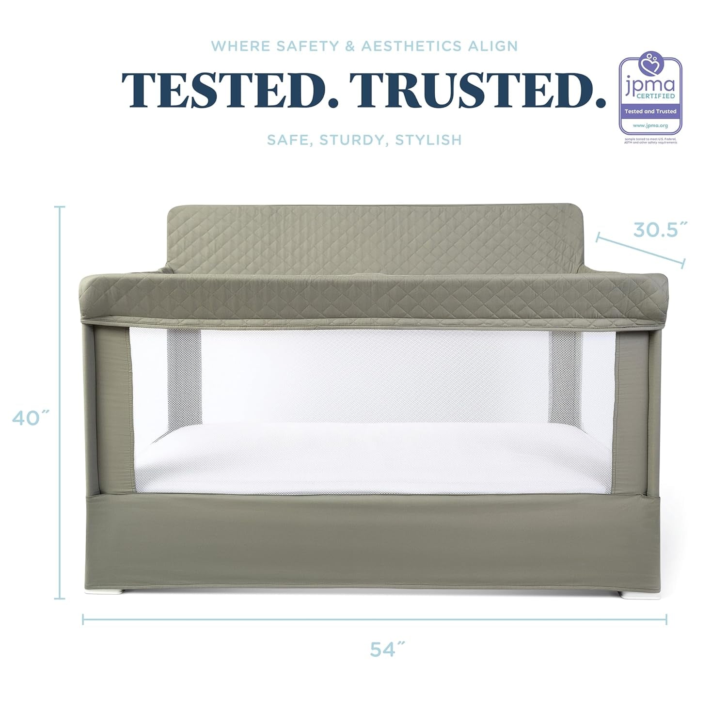 Lunaire Full Size Crib | Breathable Mesh Baby Crib | Tool-Free Assembly Baby Bed | 100% GOTS Certified Organic Cotton Fabric | Organic Sage