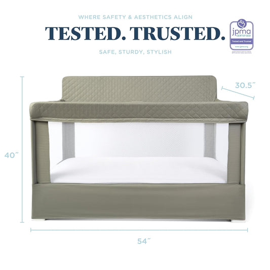 Lunaire Full Size Crib | Breathable Mesh Baby Crib | Tool-Free Assembly Baby Bed | 100% GOTS Certified Organic Cotton Fabric | Organic Sage