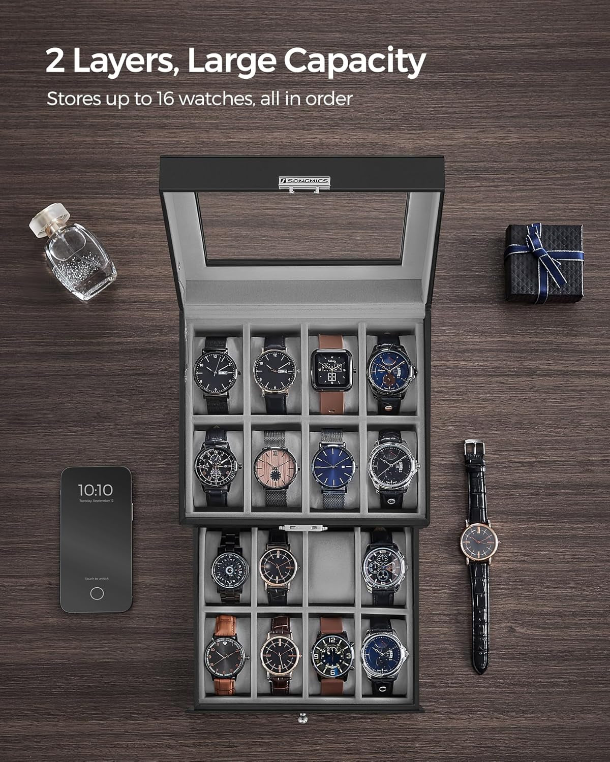 16-Slot Watch Box, Watch Case with Glass Lid, 2 Layers, Lockable Watch Display Case, Black Synthetic Leather, Greenish Gray Lining UJWB016G01