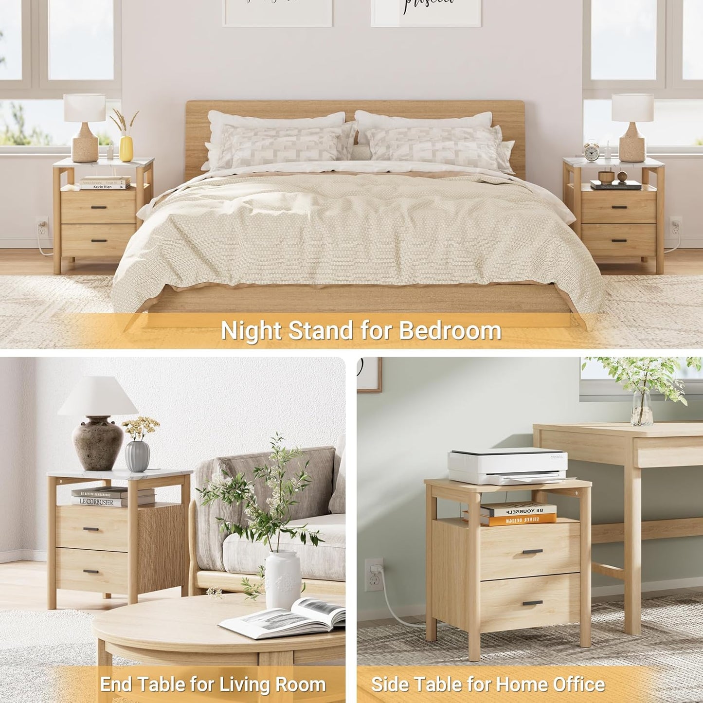 Night Stand Set 2, 20" Wide Nightstands Set of 2, Nightstand with Charging Station & Faux Marble Top, 2 Drawer End Table with Solid round Post Legs, Bedside Table for Bedroom, Natural Oak