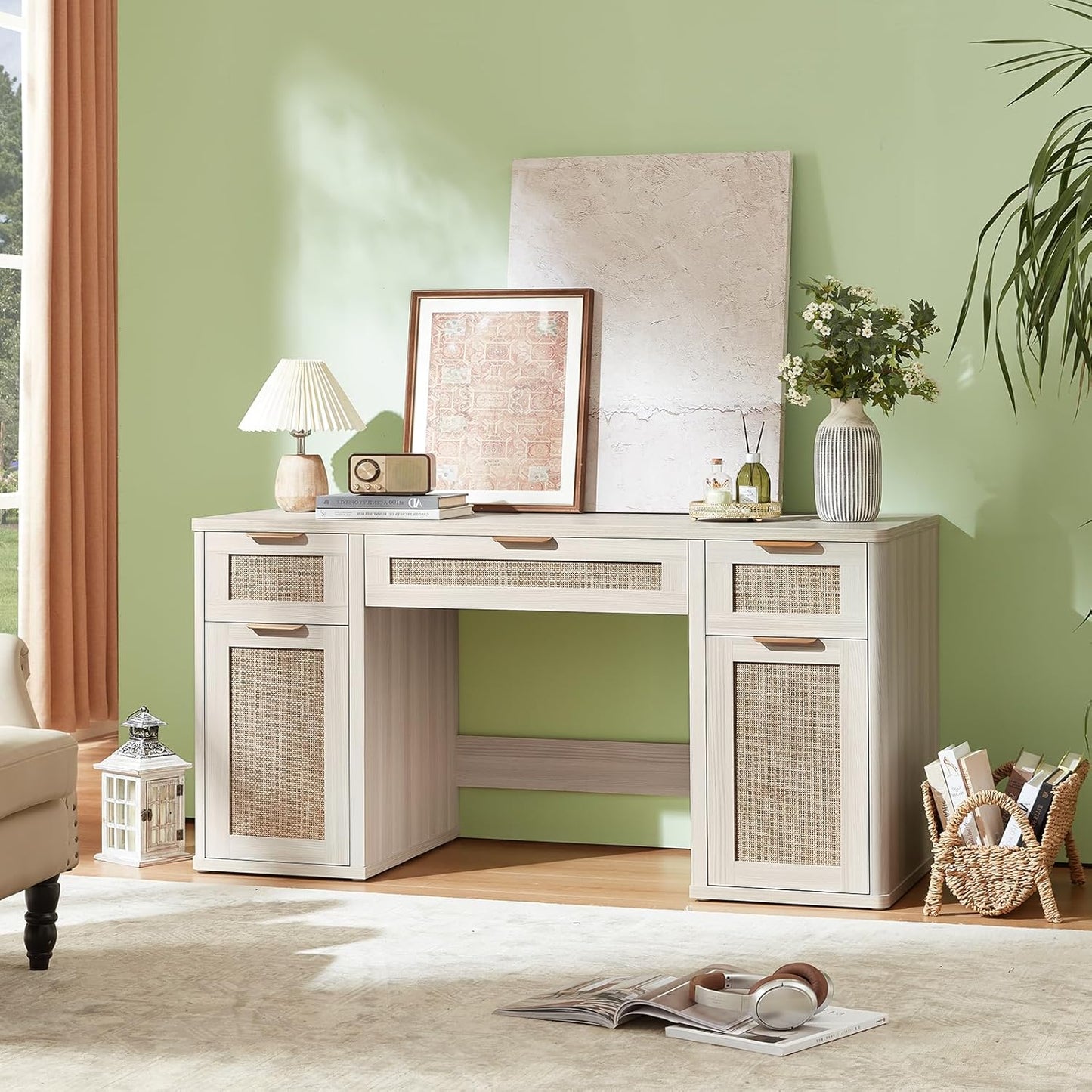 56'' Rattan Farmhouse Executive Desk with Drawers, Wood Home Office Desk with File Cabinet and Metal Handles, Large Vintage Computer Desk for Home, Bedroom, Living Room （Grey）