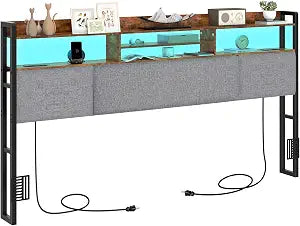 King Size Upholstered Headboard with 2 Outlets and LED Lights, view 2