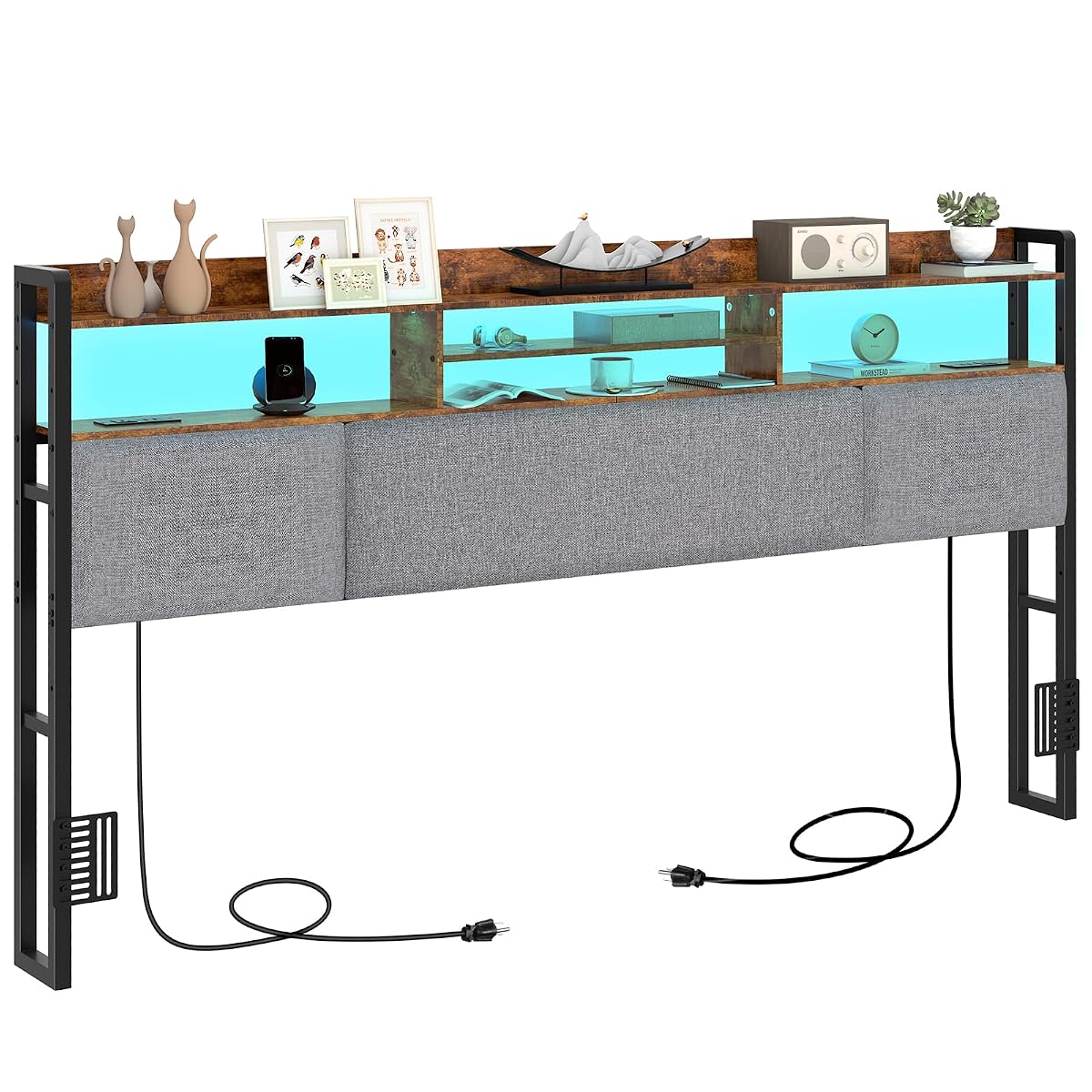 King Size Upholstered Headboard with 2 Outlets and LED Lights