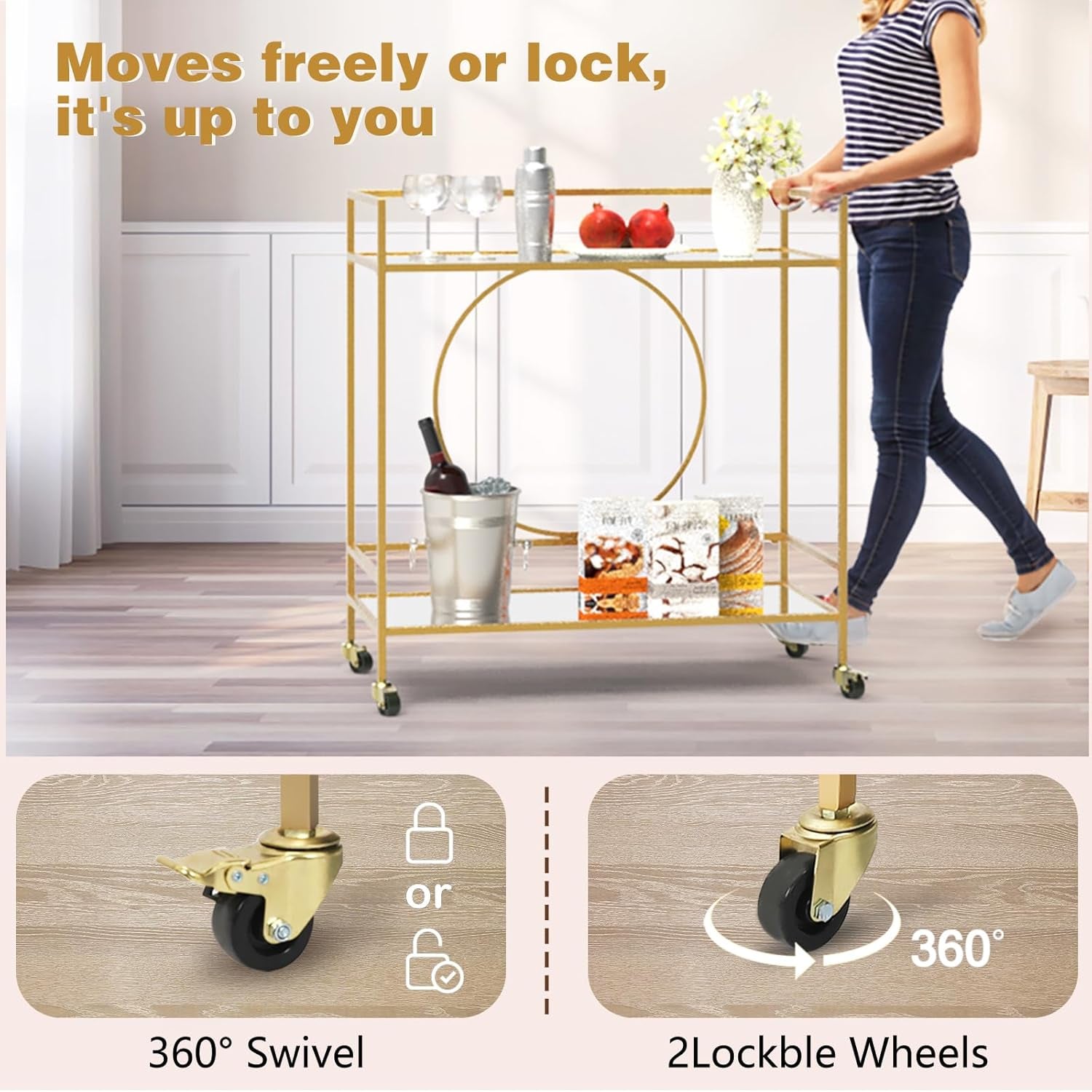 Gold Bar Cart, Modern Wine Cart with Wheels, Home Bar Serving Carts with 2 Tier Mirrored Shelves, Wine Bar Carts for the Home, Dining Room, Kitchen