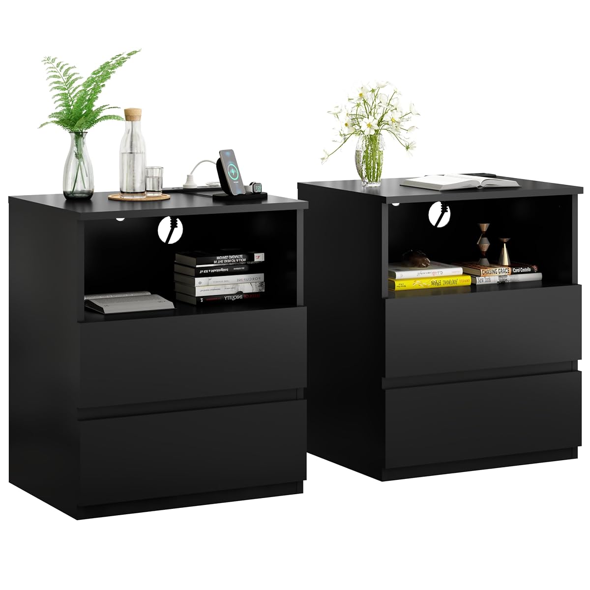 (Set of 2) End Table with Fast USB C Charging Station, Sofa Side Table with 2 Drawers, Large Storage Modern Wood Storage Cabinet for Living Room,Bedroom,Office, Black
