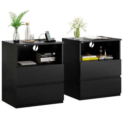 (Set of 2) End Table with Fast USB C Charging Station, Sofa Side Table with 2 Drawers, Large Storage Modern Wood Storage Cabinet for Living Room,Bedroom,Office, Black