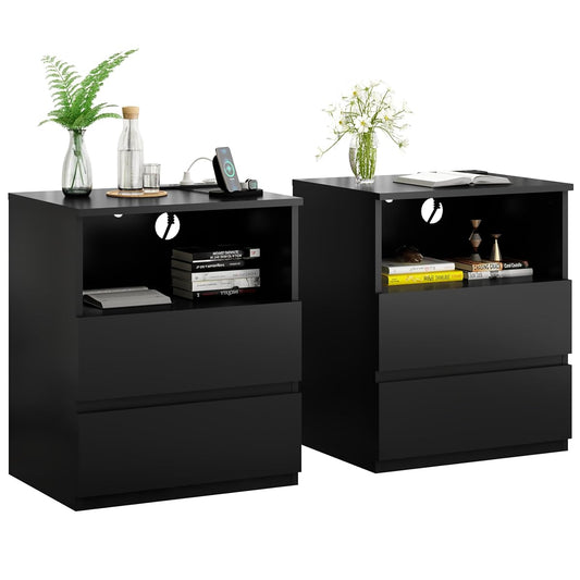 (Set of 2) End Table with Fast USB C Charging Station, Sofa Side Table with 2 Drawers, Large Storage Modern Wood Storage Cabinet for Living Room,Bedroom,Office, Black