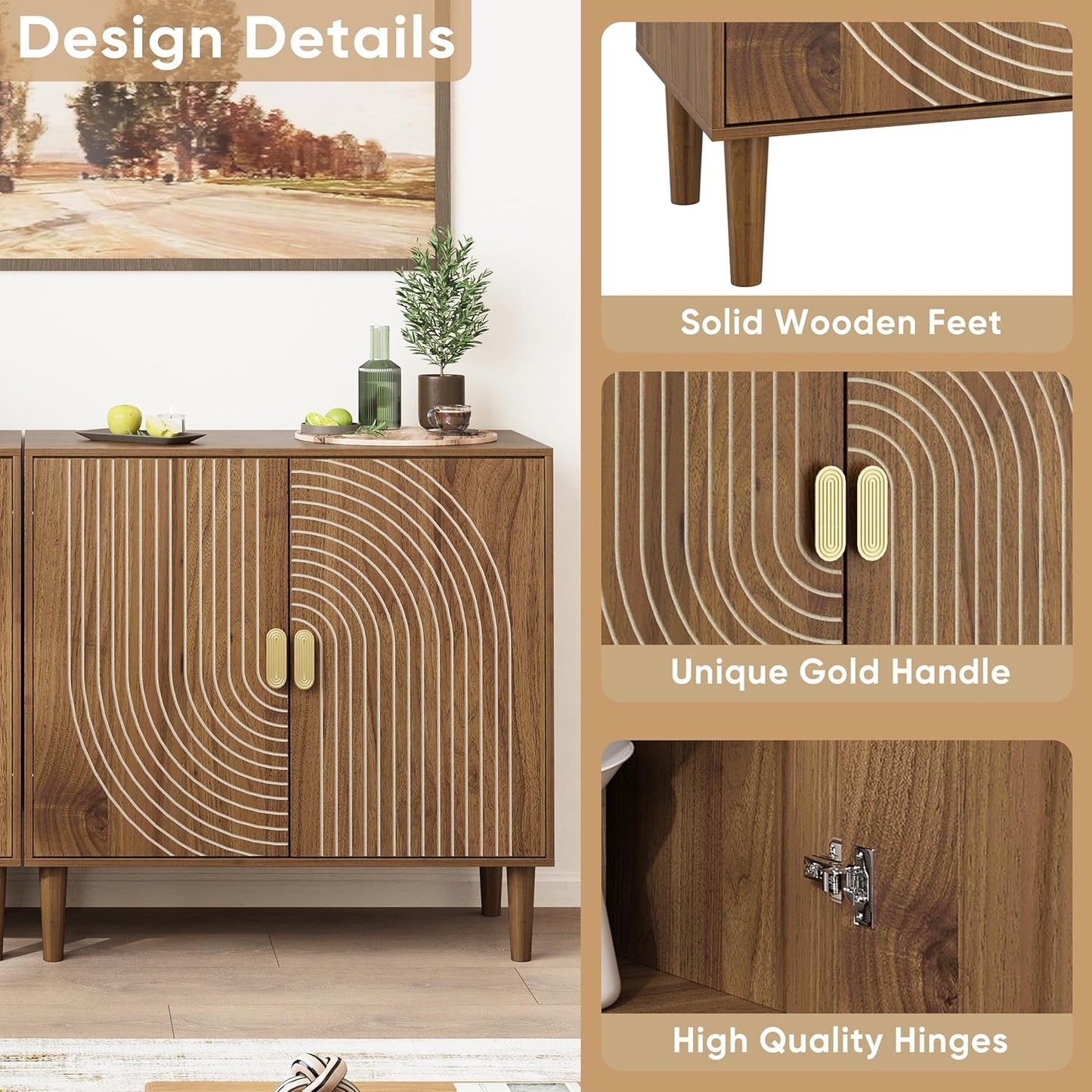 Walnut Sideboard Cabinet, Freestanding Buffet Cabinet with Line Groove Design, Wood Storage Cabinet with Adjustable Shelf for Living Room, Entryway, Hallway
