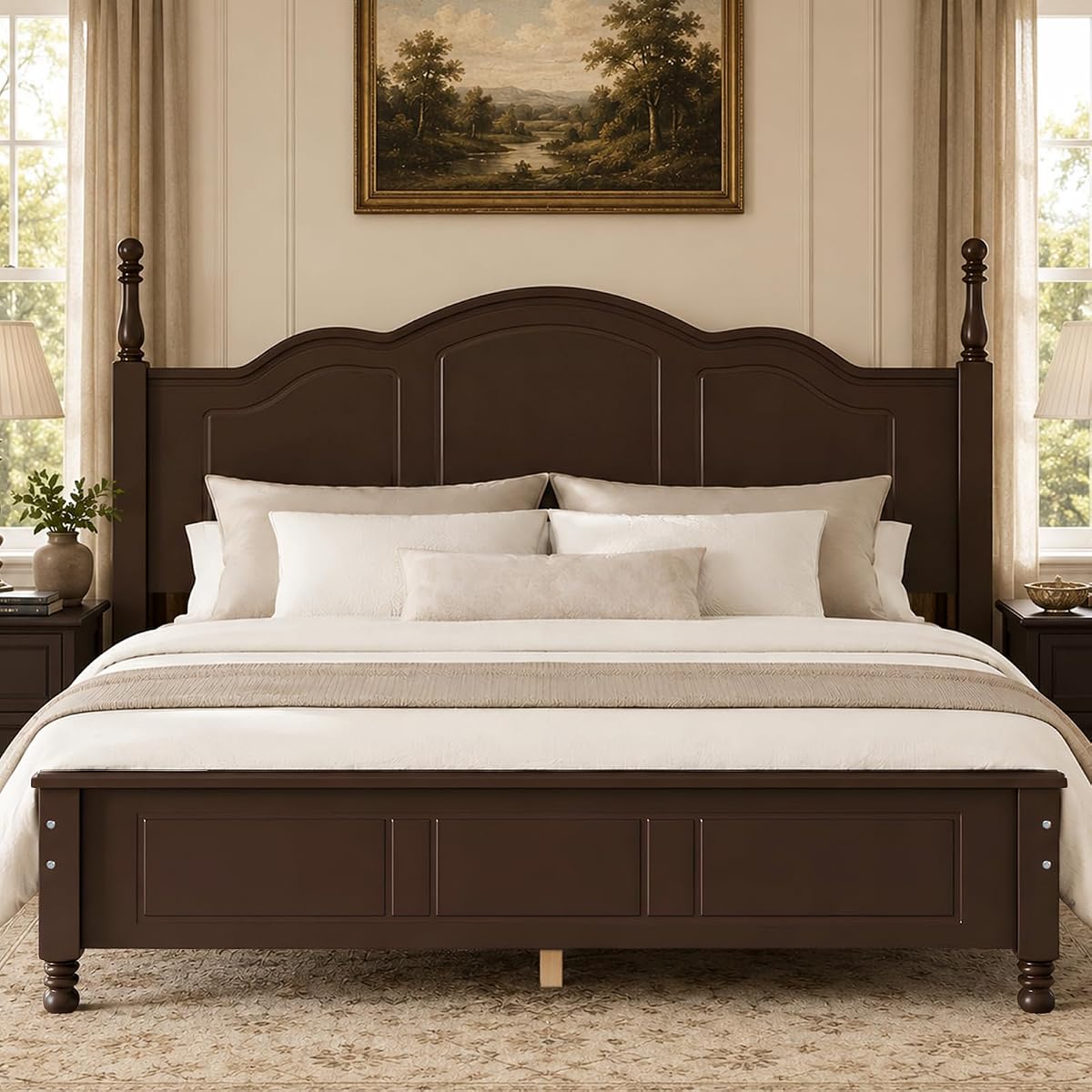 Dark Walnut Wood Bed Frame Queen Size with Wave Shaped Headboard