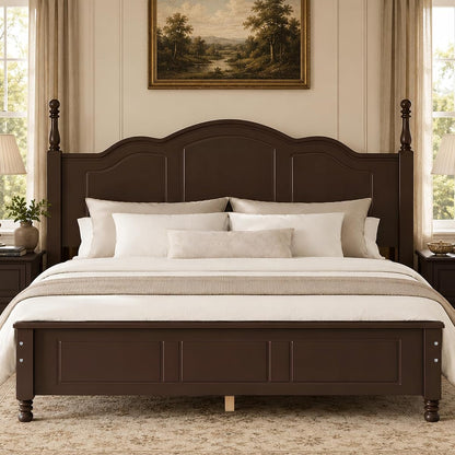 Dark Walnut Wood Bed Frame Queen Size with Wave Shaped Headboard