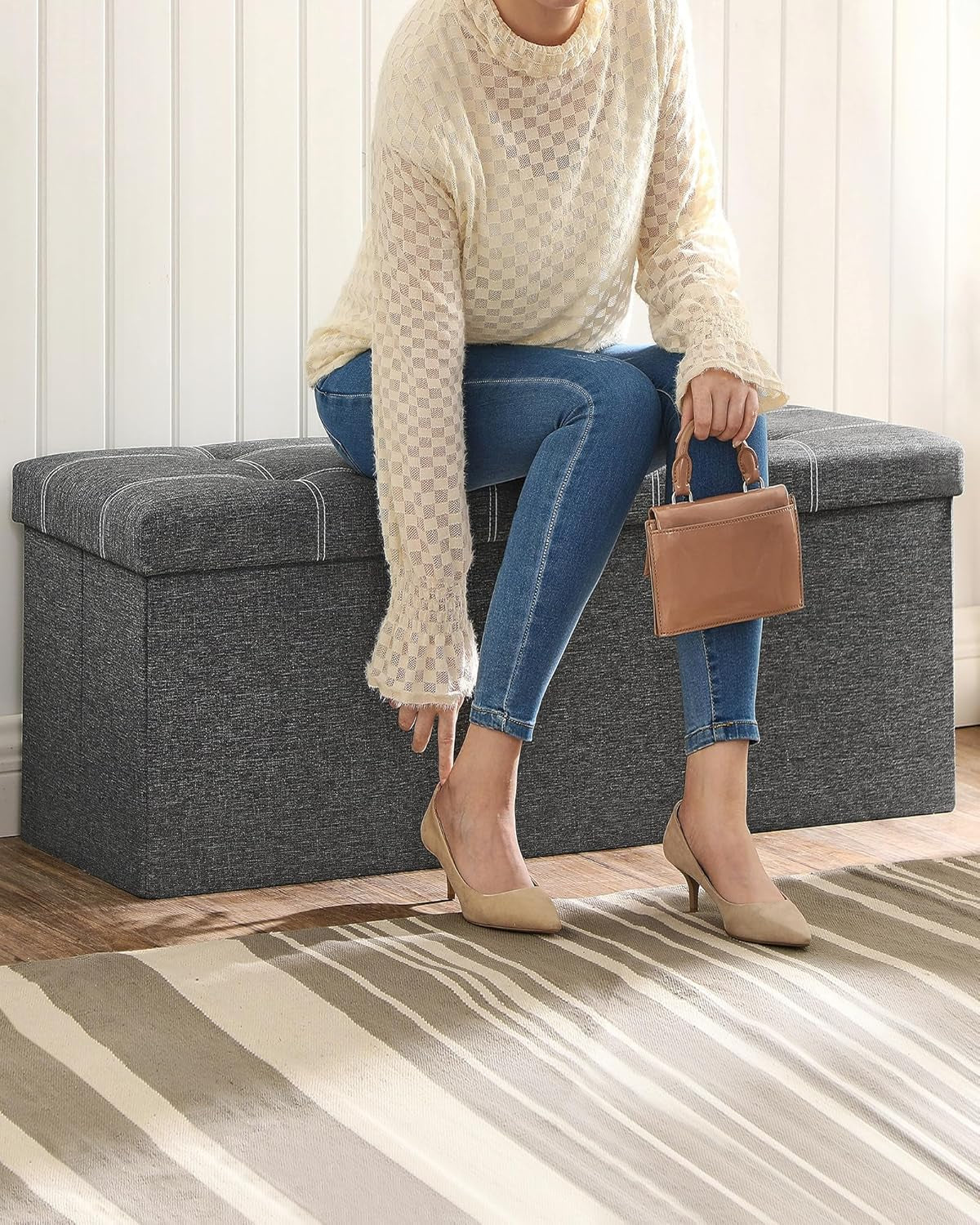 Mazie Collection - 43 Inches Ottoman Storage Bench, 35 Gal. Folding Chest with Breathable Linen-Look Fabric, Load up to 660 Lb, for Entryway, Living Room, Bedroom, Dark Gray ULSF077G04