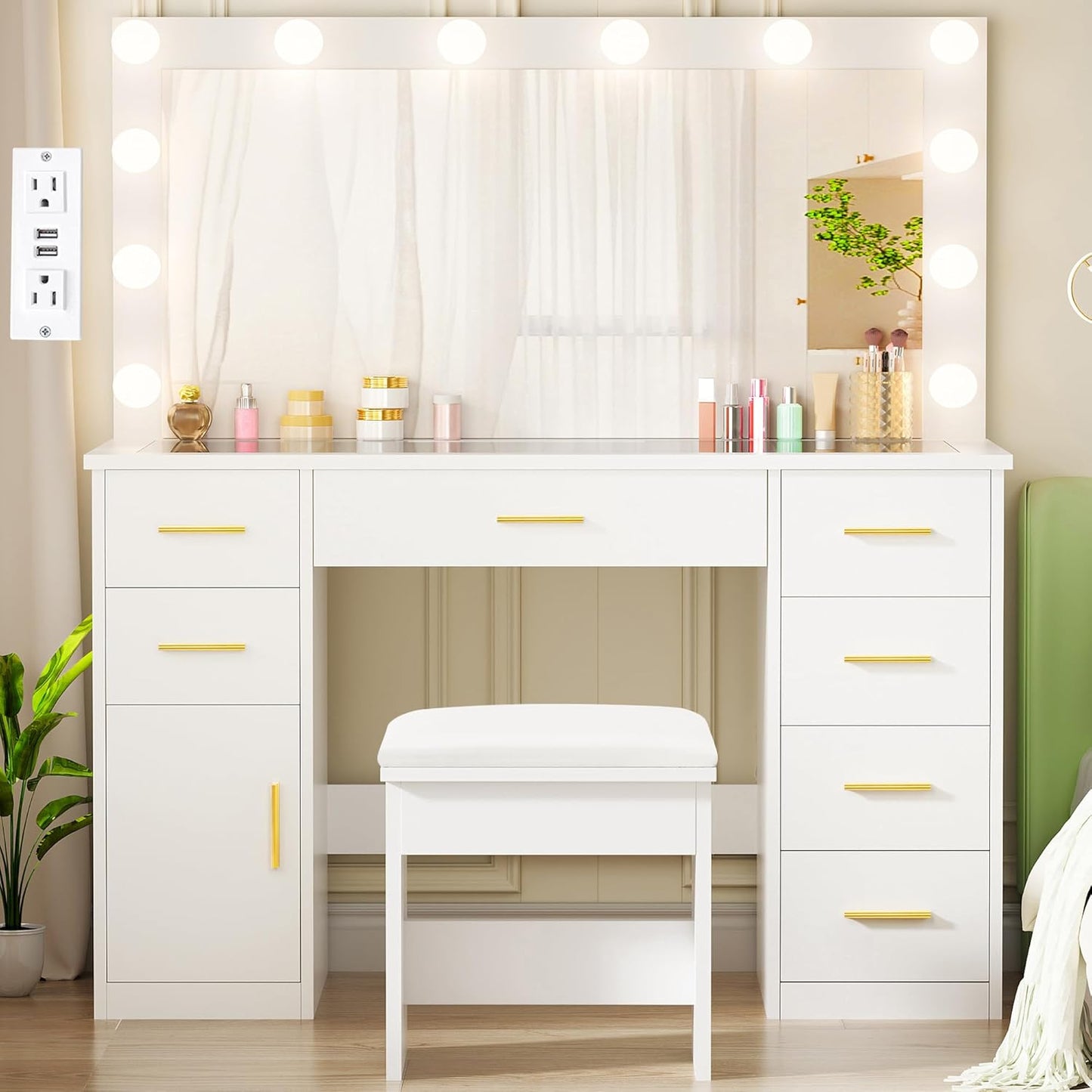 Large Vanity Desk with Lighted Mirror White Makeup Vanity Set with Glass Top & Power Outlet & 7 Drawers Storage 3 Color Lighting Modes Dressing Table with Stool for Bedroom Women Girl UBDT83W