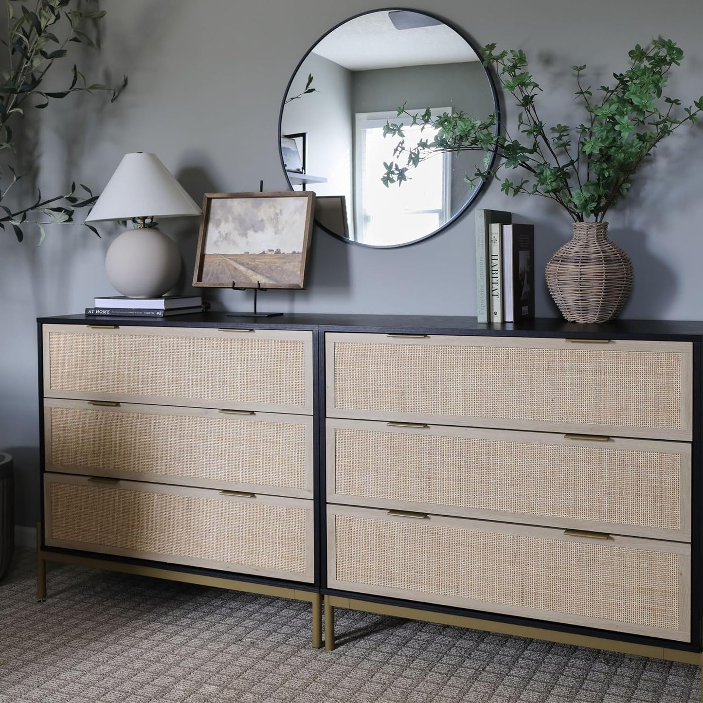 Kova Boho Dresser or Storage Cabinet with Drawers for Bedroom or Nursery with Textilene Rattan Accent and Metal Legs, Black Oak