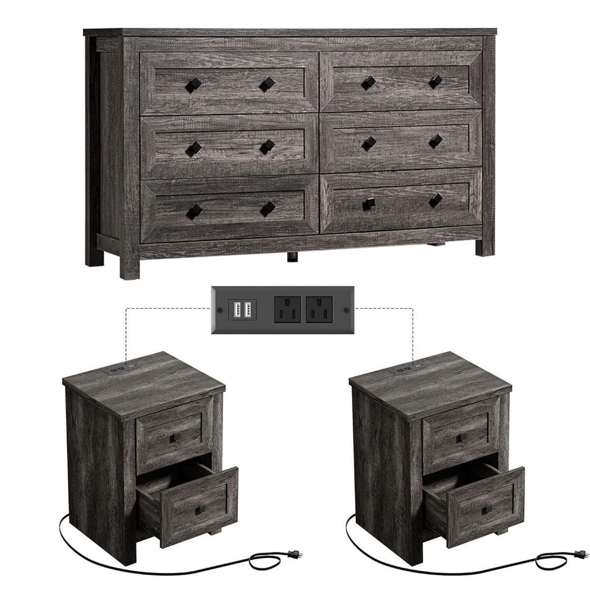 Bedroom Dresser and Nightstand 3 Piece Set, 1 X Wood Rustic 6 Drawer Storage Dresser, Nightstand Set of 2 with Charging Station, Farmhouse Bedroom Furniture Set, Rustic Grey