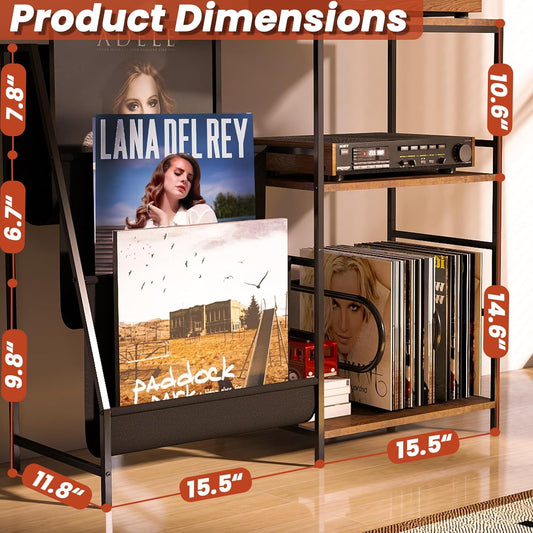 Record Player Stand with Vinyl Storage, 3-Tier Turntable Record Stand Holder, Vinyl Records Storage Shelf Holds up to 300 Albums, Modern Vintage Black Record Player Table for Living Room