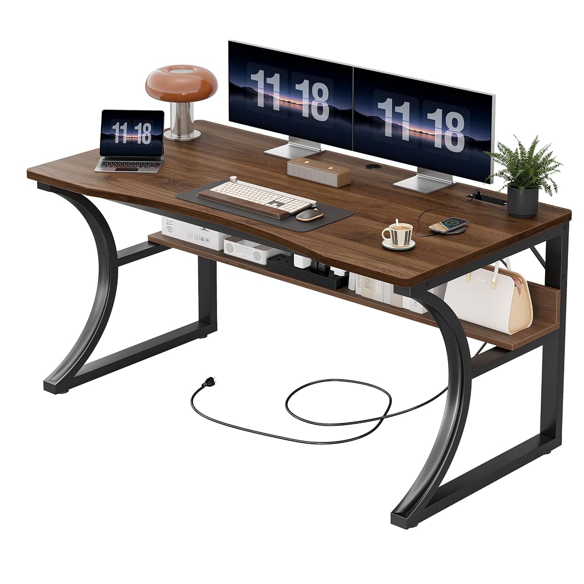 47 Inch Desk with Storage Shelf, One-Piece Desktop, Walnut