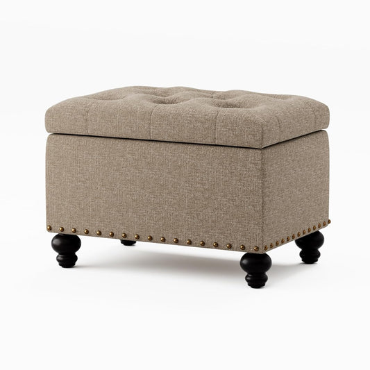 Small Ottoman with Storage, Upholstered Button Tufted Ottoman Foot Rest, Foot Stools, 24" Rectangle Bench with Storage for Living Room, Bedroom, Dorms and Apartments (Brown)