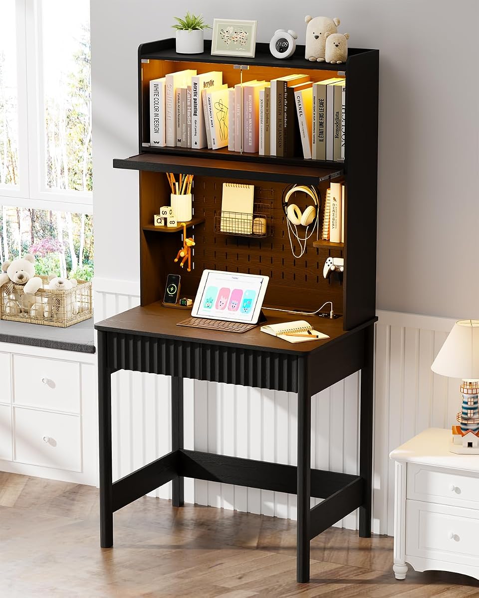 Black Computer Desk, with Power Outlets & Chariging Station