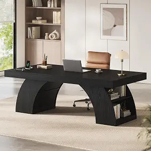 70.9 Inch Executive Desk, Large Office Desk with Power Outlet & Storage Shelves, view 2