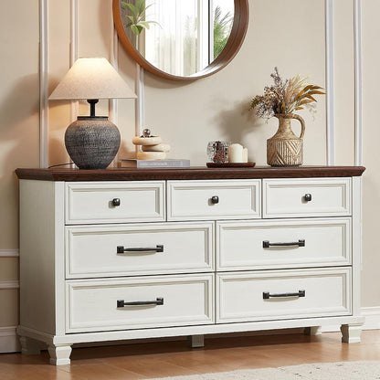 Farmhouse 7 Drawer Dresser for Bedroom, White