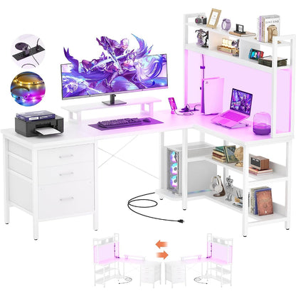 L Shaped Gaming Desk with Hutch, Gaming Desk with Led Lights