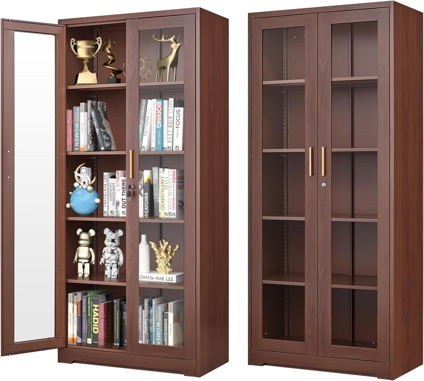 71" Display Cabinet, Metal Kitchen Storage Cabinet, Curio Display Case with Glass Doors and 4 Adjustable Shelves, Locking Cabinets for Kitchen, Hallway, Living Room, Wood Color -Assembly Required