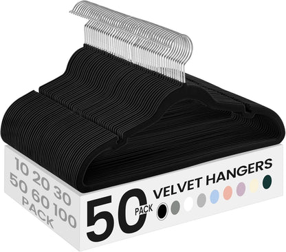 Velvet Hangers 50 Pack, Non-Slip Clothes Hangers, with Shoulder Notches, Pants Bar, 360° Swivel Hook, Space-Saving, for Closet, Ink Black UCRF029B05
