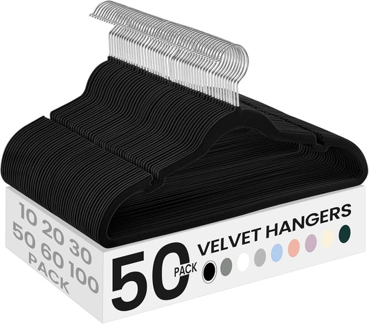 Velvet Hangers 50 Pack, Non-Slip Clothes Hangers, with Shoulder Notches, Pants Bar, 360° Swivel Hook, Space-Saving, for Closet, Ink Black UCRF029B05