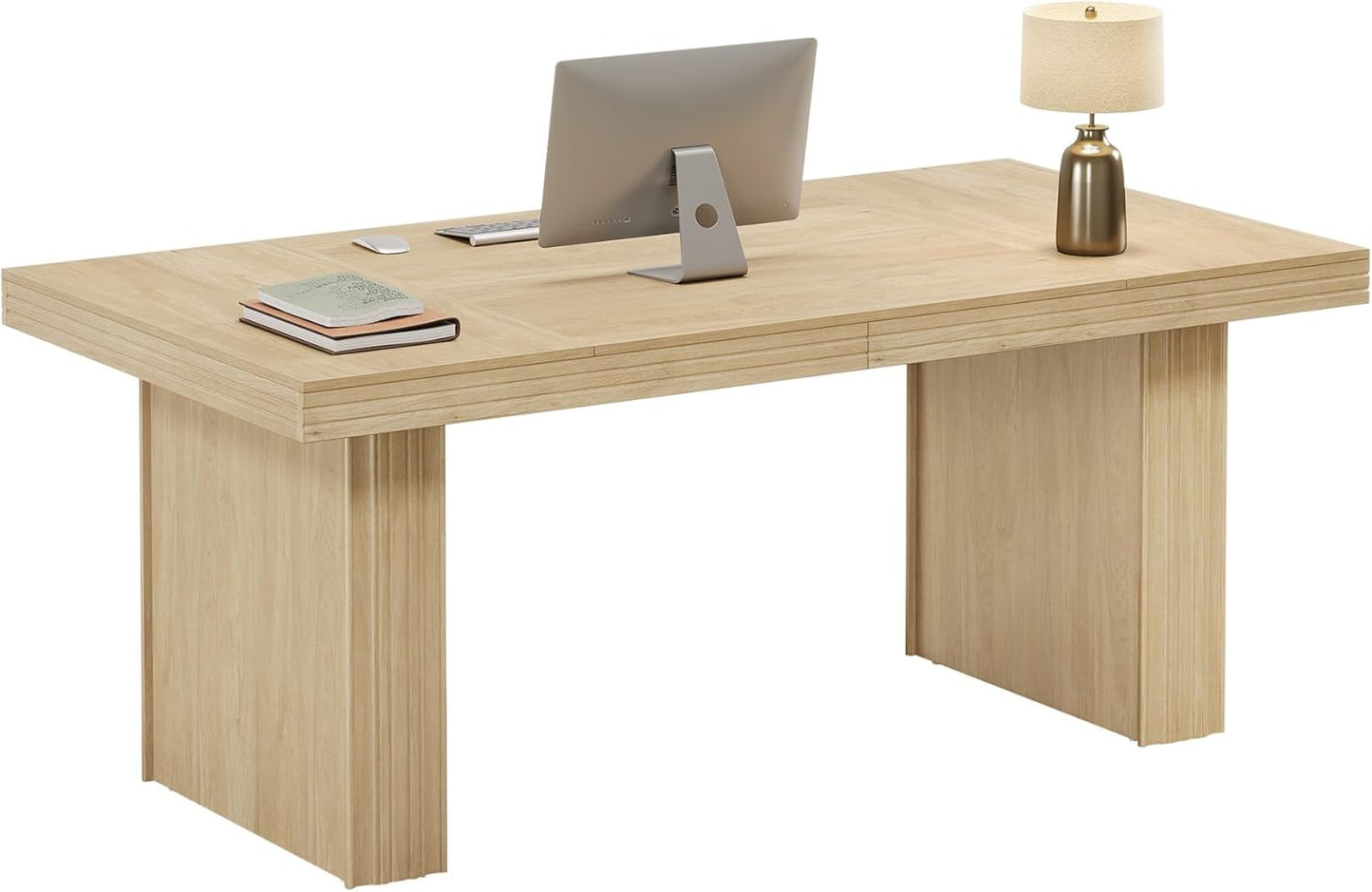 63" Executive Desk, Modern Executive Office Desk with Thickened Desktop and Heavy-Duty Legs, Wood Writing Workstation Study Table Conference Table for Office, Natural