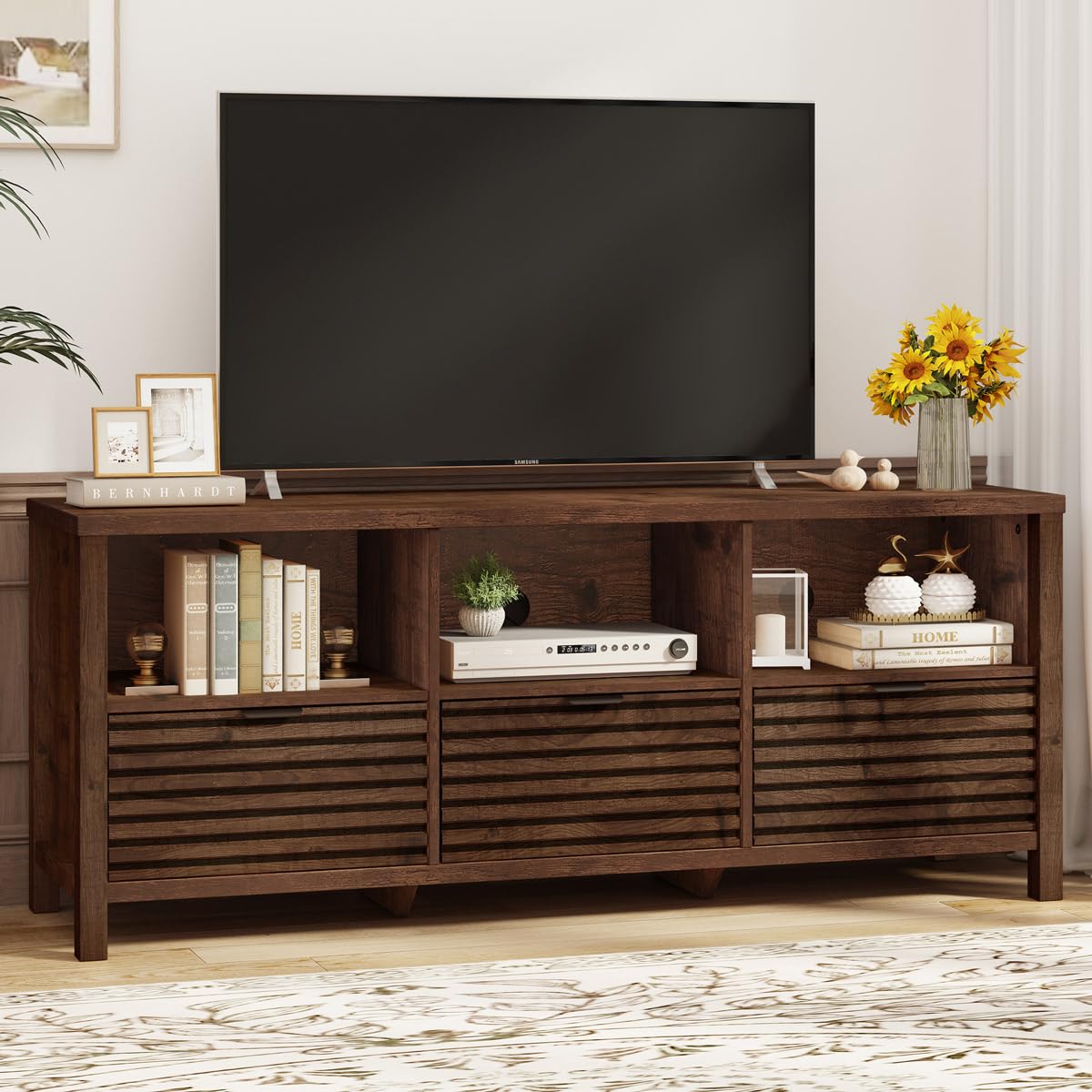 TV Stand, Mid Century Modern Media Console for 65/55/50 Inch TVs, Wood Fluted Entertainment Center with Storage for Living Room, Bedroom (Rustic Oak)