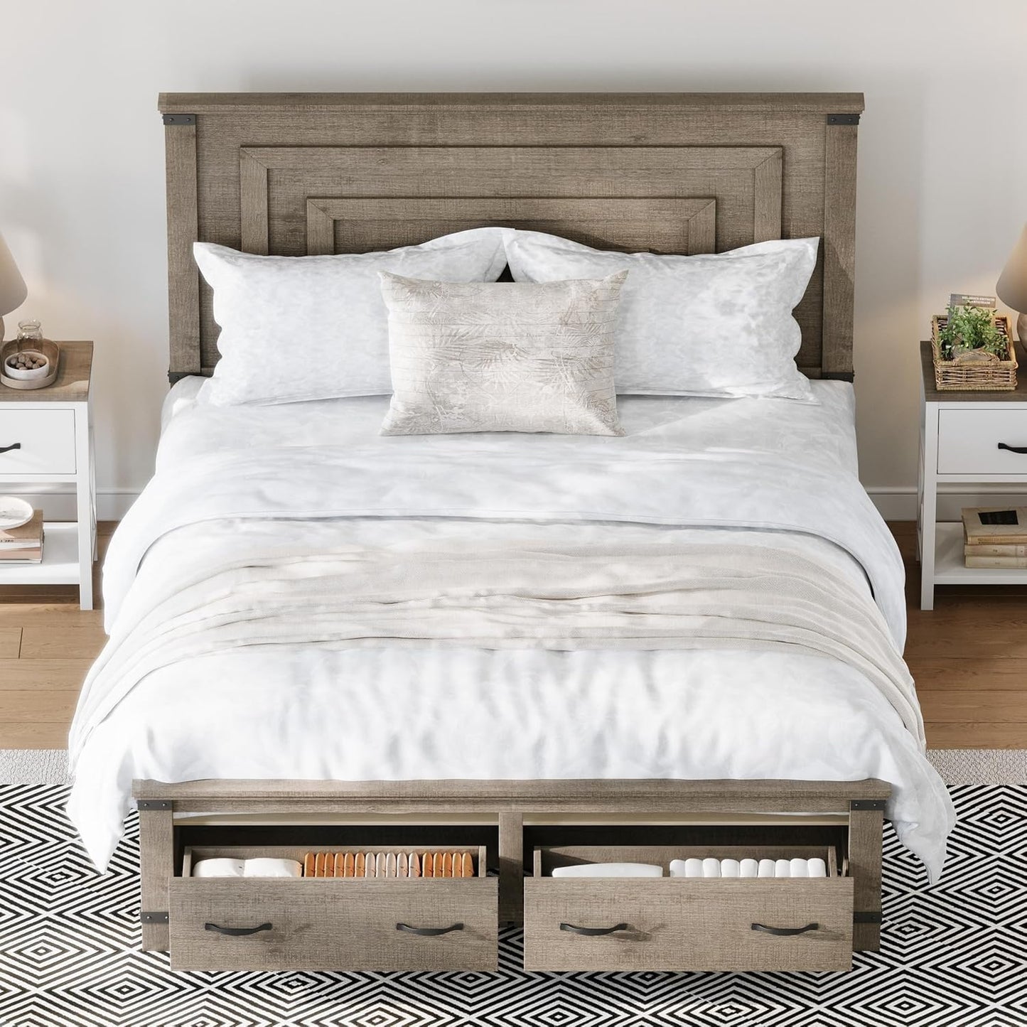 Farmhouse Queen Bed Frame with 54" Tall Geometric Headboard & Footboard, Rustic Wood Platform Bed Frame with Large Storage Drawers, Wood Slats Support, No Box Spring Needed, Rustic Gray