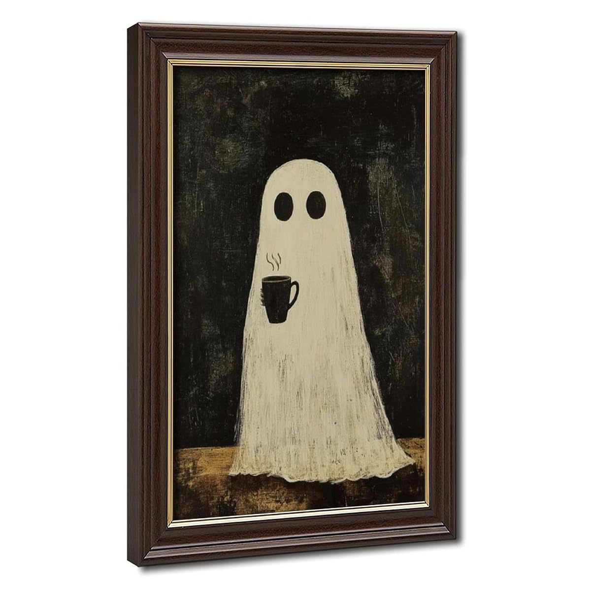 Halloween Ghost Canvas Wall Art with Natural Wood Grain Frame, Cozy Spooky Coffee Decor, Rustic Farmhouse Style Wall Picture for Living Room Kitchen Bedroom Autumn Seasonal Wall Decorations - 8x12