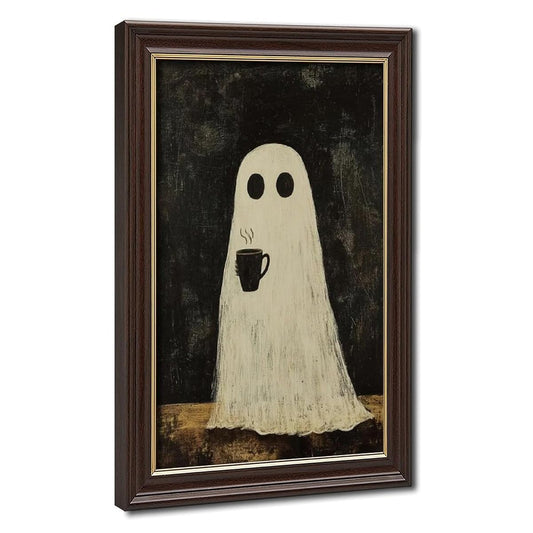 Halloween Ghost Canvas Wall Art with Natural Wood Grain Frame
