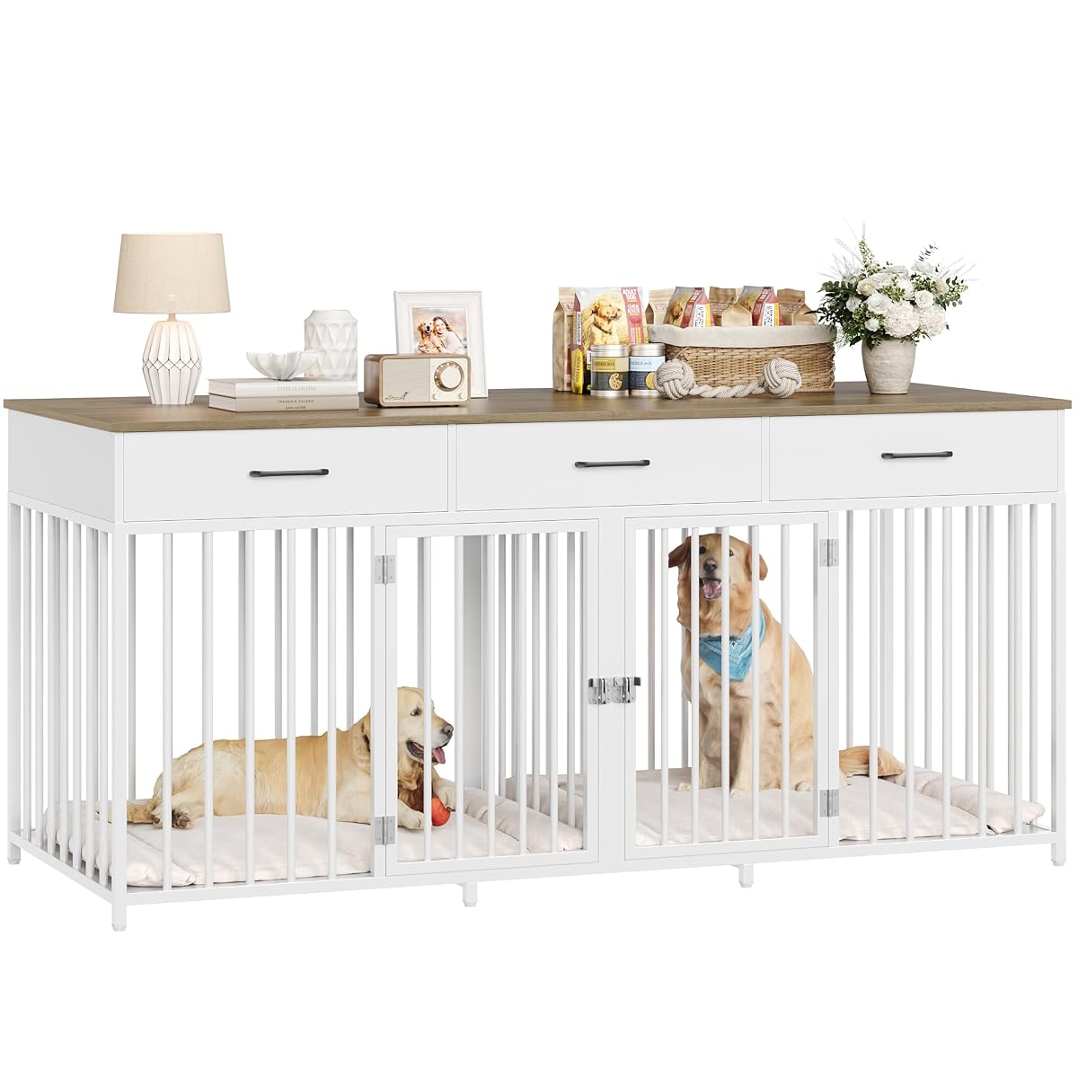 Double Dog Crate, 71"W Indoor Dog Kennel Furniture for 2 Dog, White
