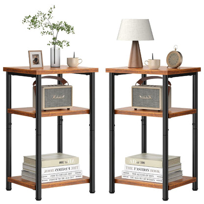 End Tables Set of 2, Small Side Table for Small Spaces, 3 Tier Tall Bedside Table with Open Shelf and Adjustable Feet for Living Room, Bedroom, Office, Dorm, Apartment, Brown
