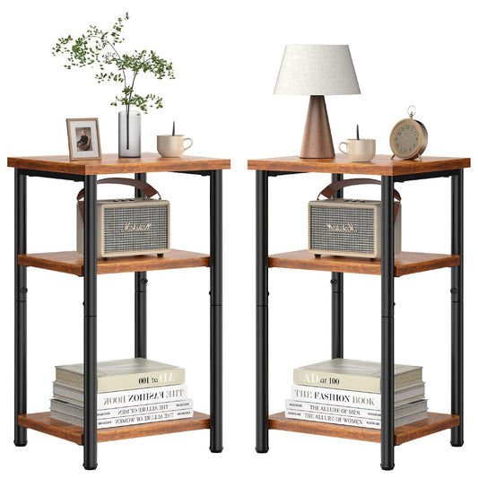 End Tables Set of 2, Small Side Table for Small Spaces, 3 Tier Tall Bedside Table with Open Shelf and Adjustable Feet for Living Room, Bedroom, Office, Dorm, Apartment, Brown
