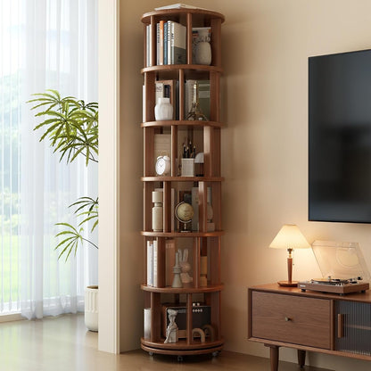 6 Tier Rotating Bookshelf Tower, Solid Wood Bookshelf on Wheels, Circular Book Shelf Rotating, Revolving Bookcase for Small Spaces, Corner Book Case, Spinning Book Shelf for Bedroom, Walnut